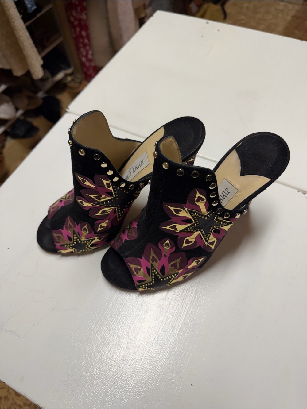 Jimmy Choo Black Mules with Pink & Gold Floral Embellishment